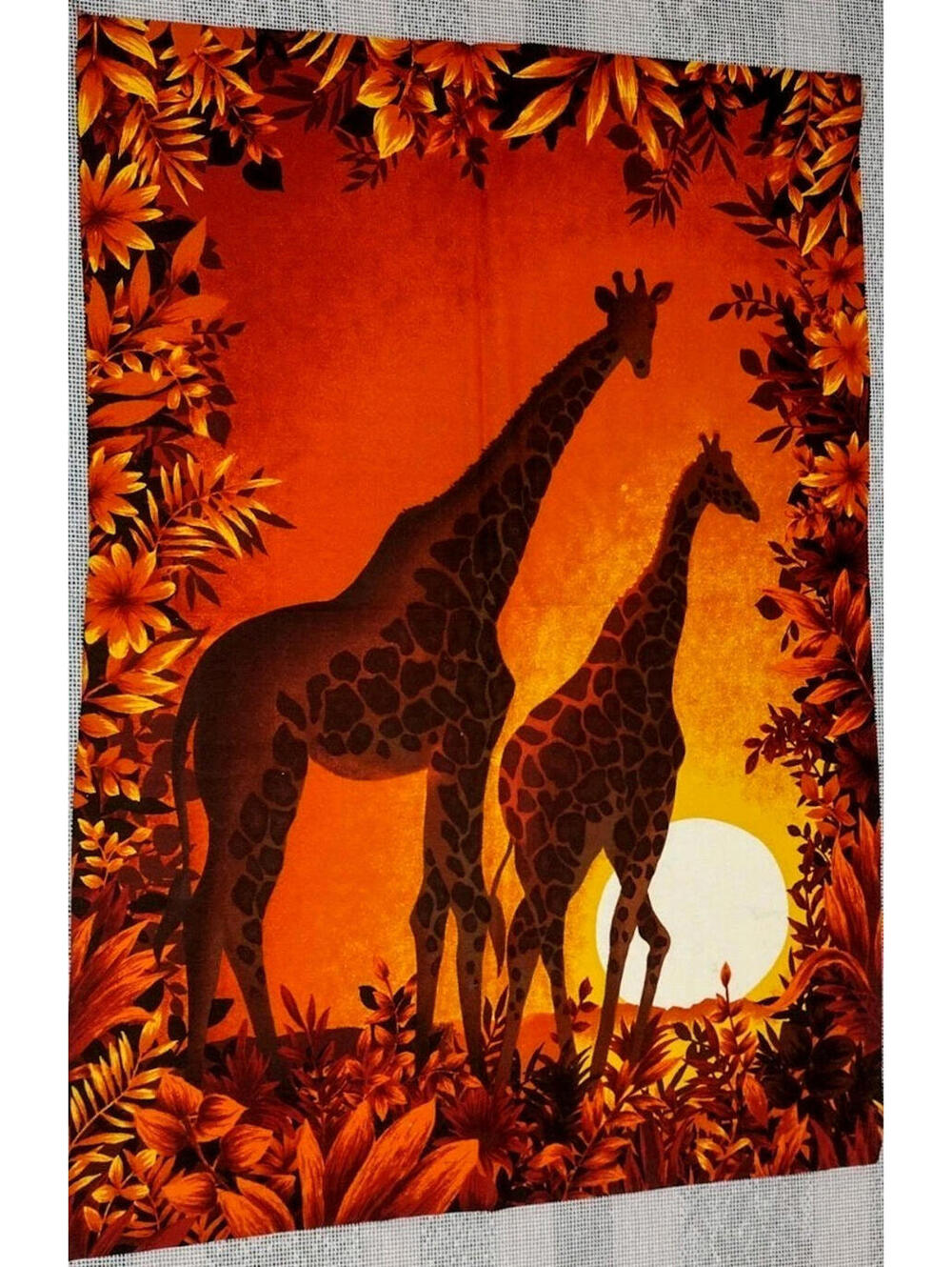 Vintage 70s Fabric Barkcloth Giraffe Giraffes Orange Red African SUN 34 x 24 in